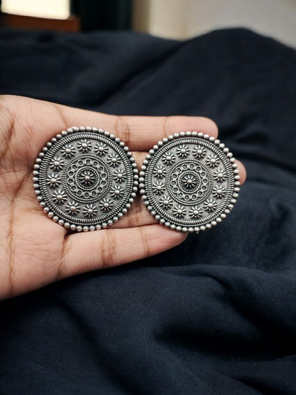 Round Shape Oxidized Stud Earrings | Silver Replica Traditional Amazing Jewelry For Girls 3 Round shape oxidized silver replica stud earrings