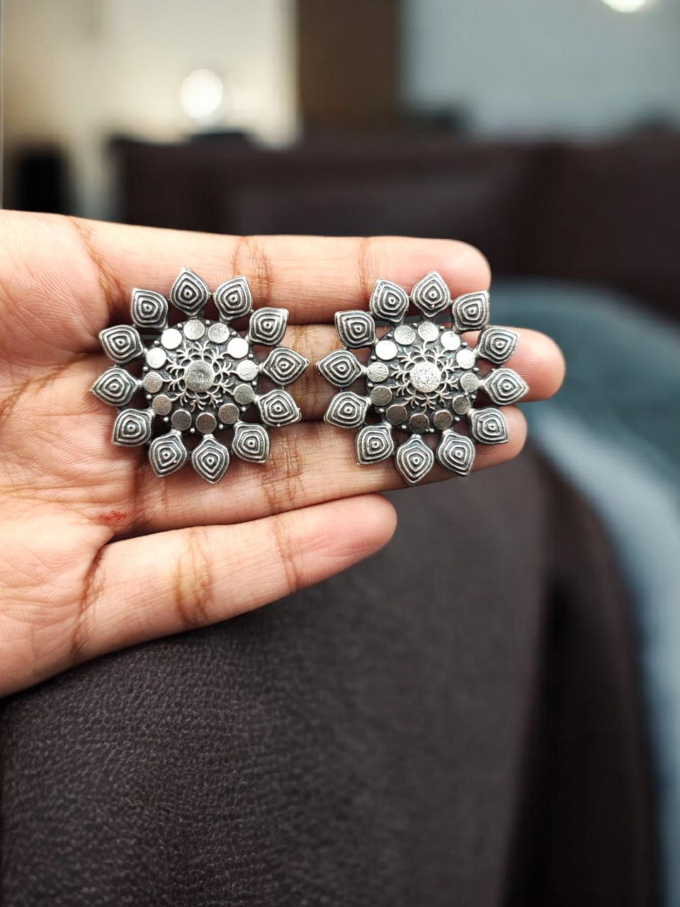 Lightweight Flower Design Earrings | Best Oxidized Silver Replica Daily Use Stud Jewelry 2 Lightweight flower design oxidized silver replica stud earrings