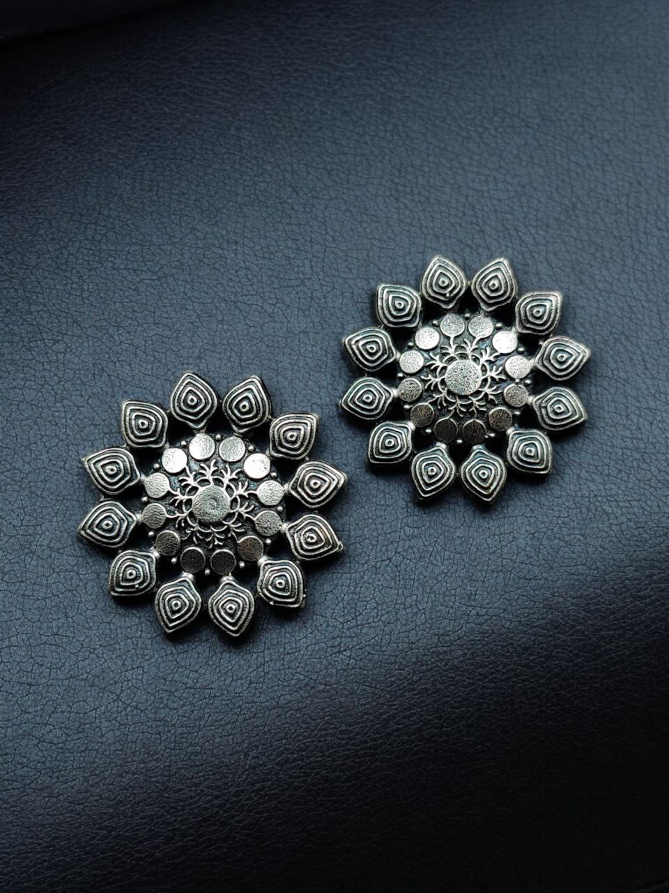 Lightweight Flower Design Earrings | Best Oxidized Silver Replica Daily Use Stud Jewelry 4 Lightweight flower design oxidized silver replica stud earrings