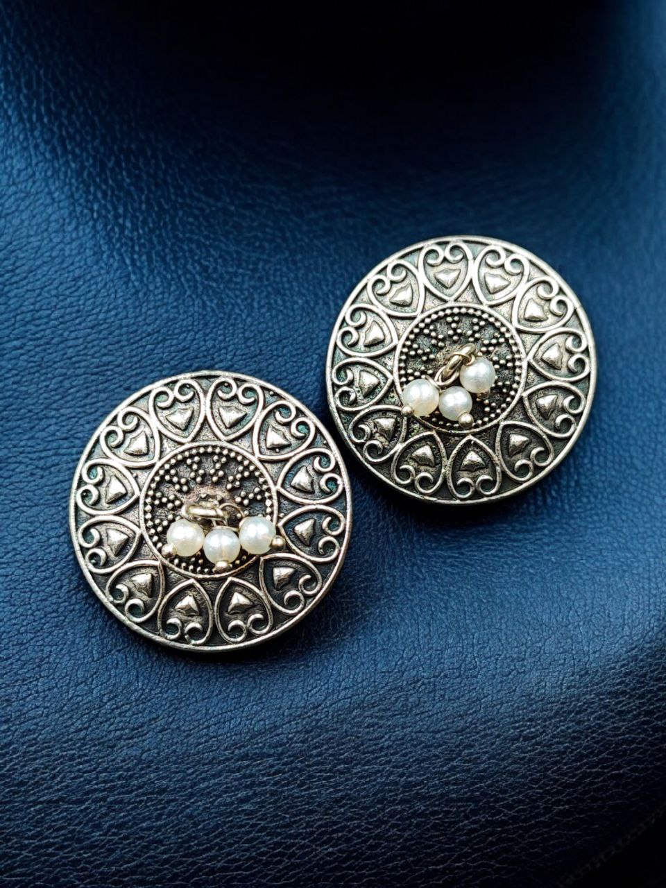 Stylish Heart Design Earrings | Oxidized Silver Replica Pearl Detailing Beautiful Earring 2 Stylish heart design oxidized silver replica pearl earrings