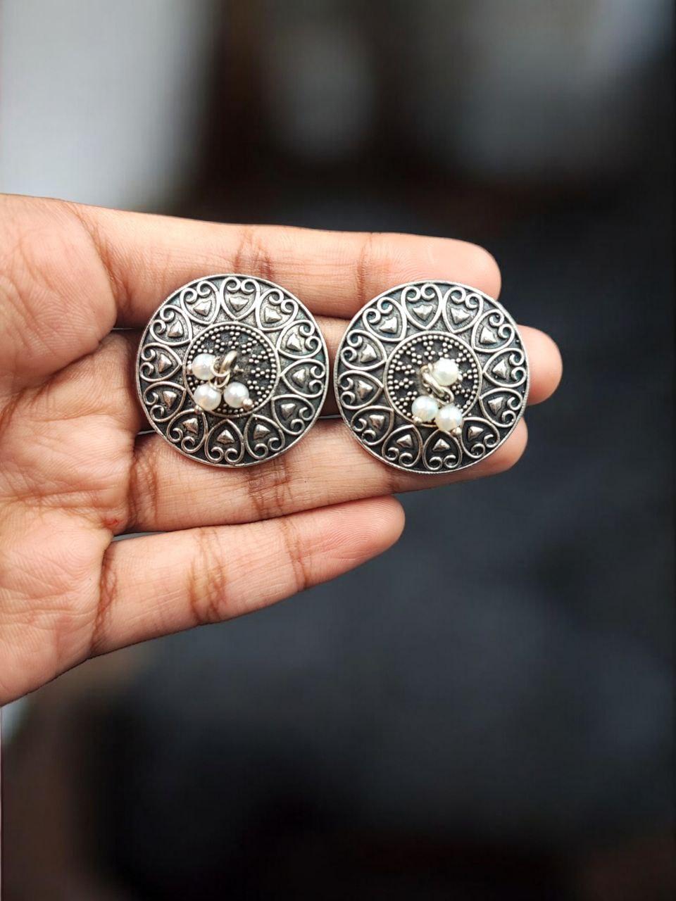 Stylish Heart Design Earrings | Oxidized Silver Replica Pearl Detailing Beautiful Earring 4 Stylish heart design oxidized silver replica pearl earrings