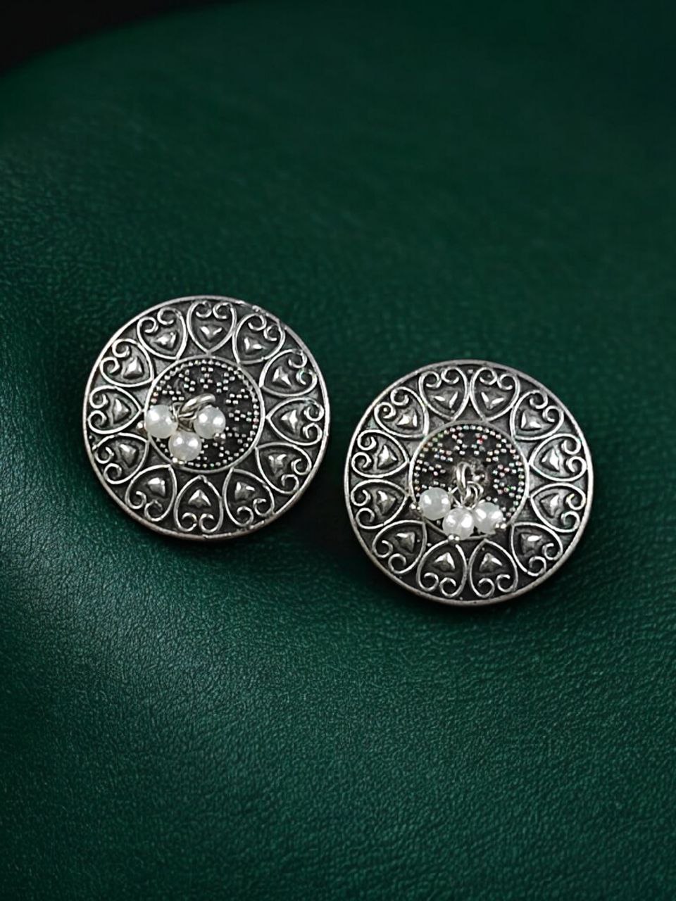 Stylish Heart Design Earrings | Oxidized Silver Replica Pearl Detailing Beautiful Earring 3 Stylish heart design oxidized silver replica pearl earrings