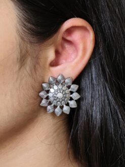 Lightweight flower design earrings oxidized silver replica stud
