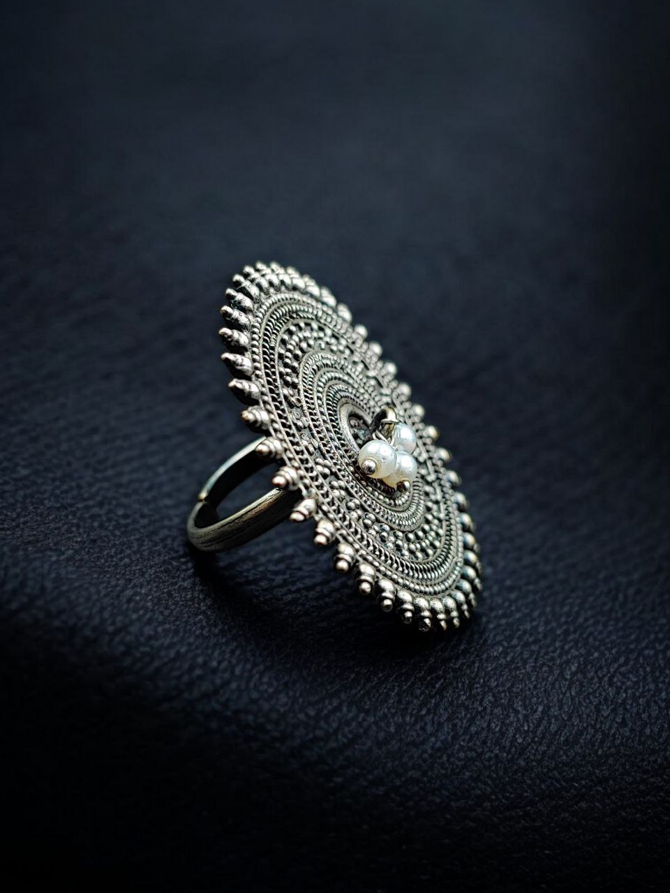 Ethnic Style Round Adjustable Oxidized Ring | Silver Replica Best Pearl Work Jewelry 6 Ethnic style round adjustable oxidized silver replica pearl ring