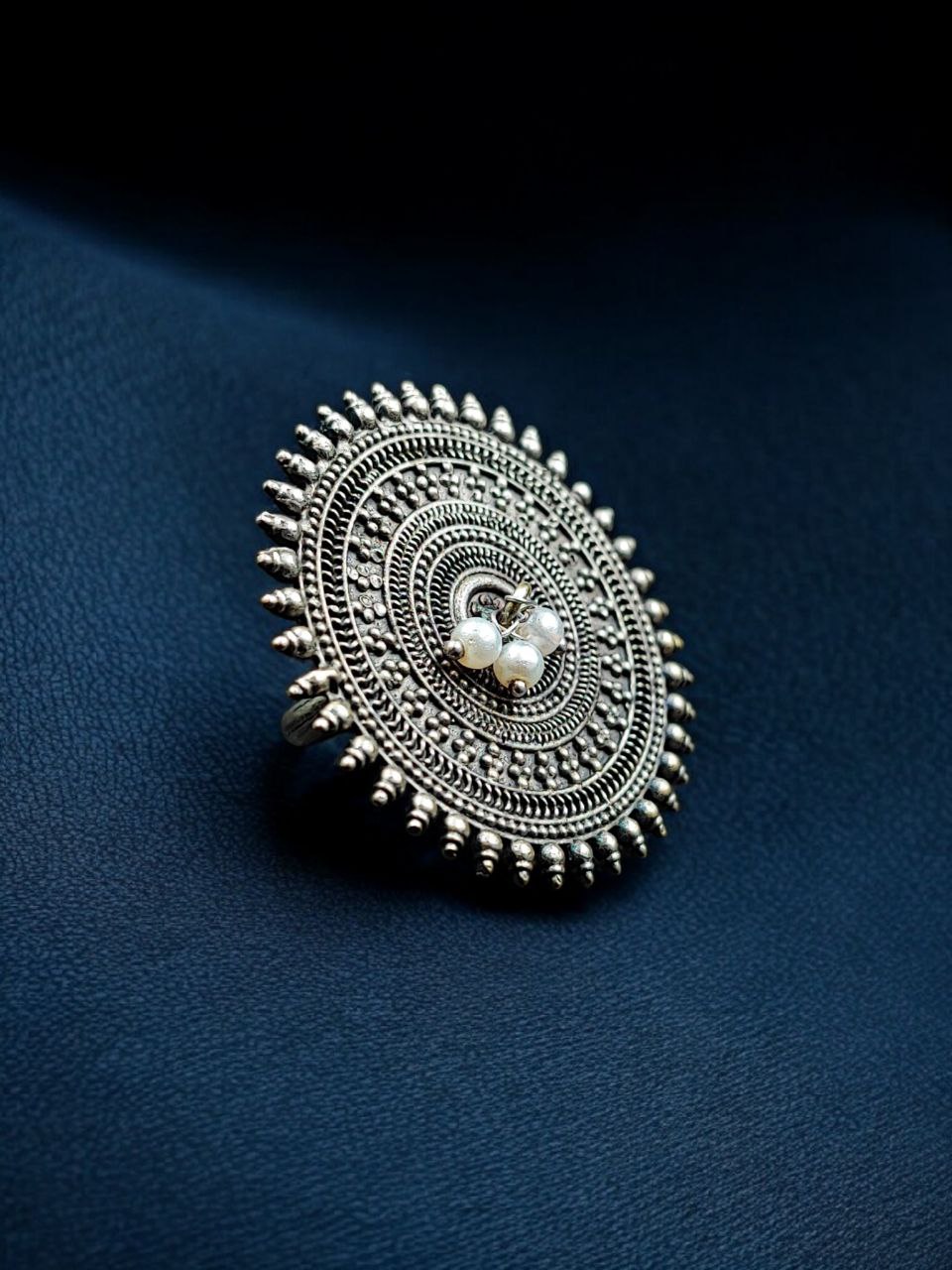 Ethnic Style Round Adjustable Oxidized Ring | Silver Replica Best Pearl Work Jewelry 3 Ethnic style round adjustable oxidized silver replica pearl ring