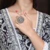 Ethnic style round adjustable oxidized ring silver replica pearl