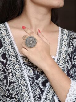 Ethnic style round adjustable oxidized ring silver replica pearl
