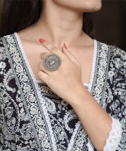 Ethnic Style Round Adjustable Oxidized Ring | Silver Replica Best Pearl Work Jewelry