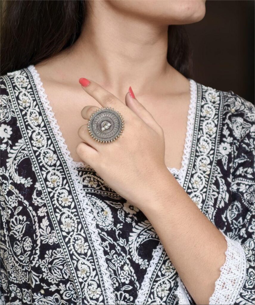 Ethnic Style Round Adjustable Oxidized Ring | Silver Replica Best Pearl Work Jewelry
