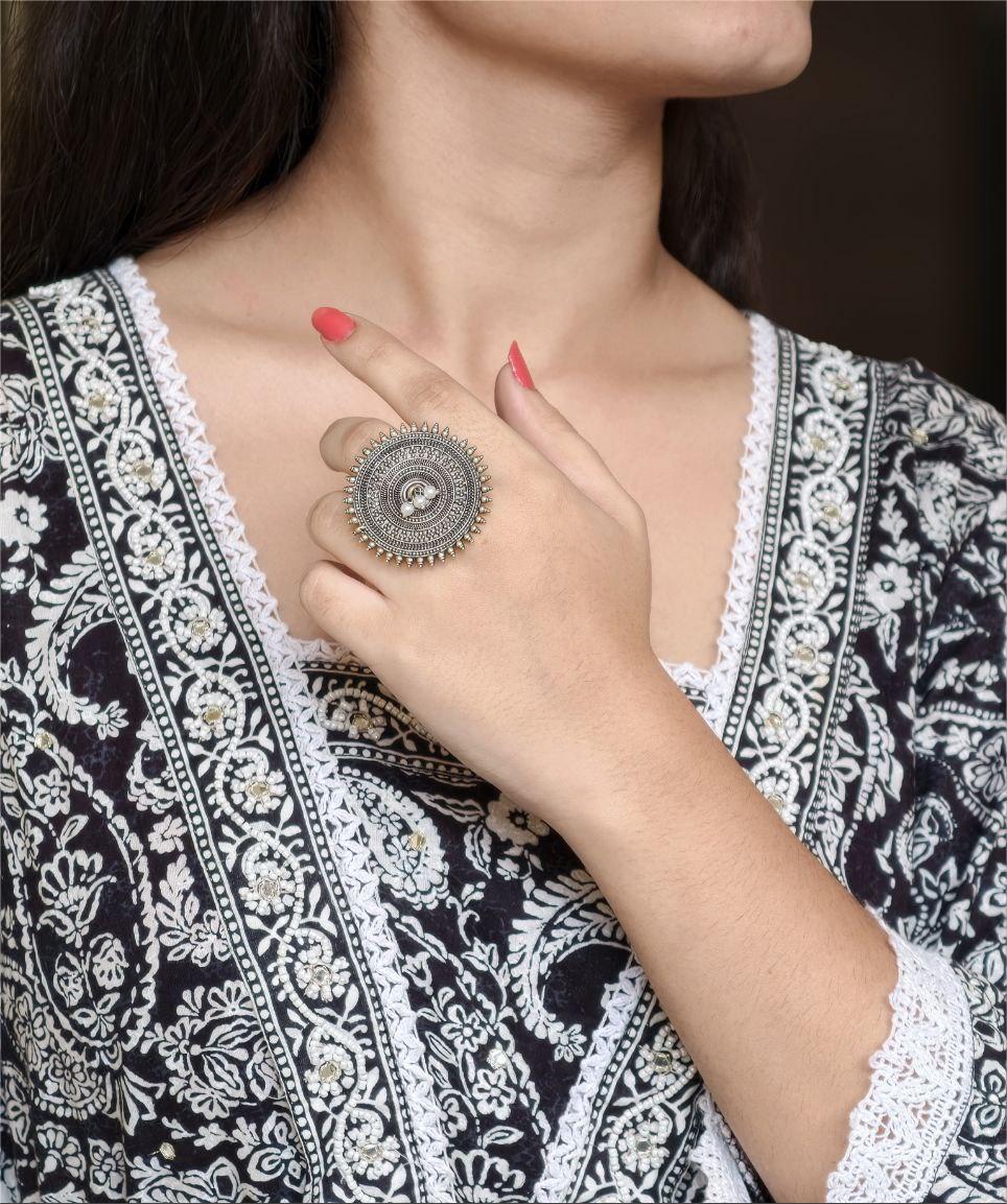 Ethnic Style Round Adjustable Oxidized Ring | Silver Replica Best Pearl Work Jewelry 1 Ethnic style round adjustable oxidized ring silver replica pearl