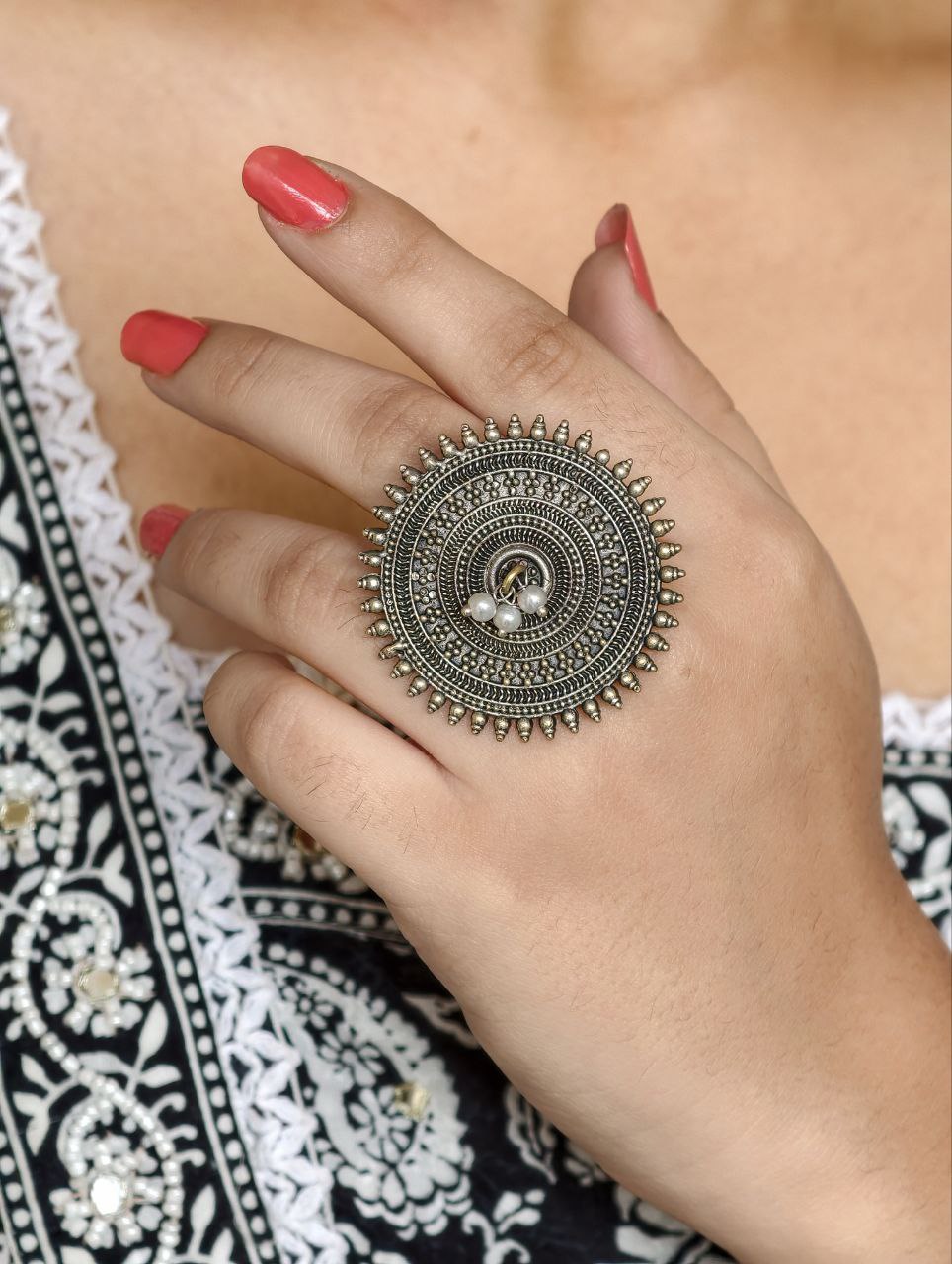 Ethnic Style Round Adjustable Oxidized Ring | Silver Replica Best Pearl Work Jewelry 4 Ethnic style round adjustable oxidized silver replica pearl ring
