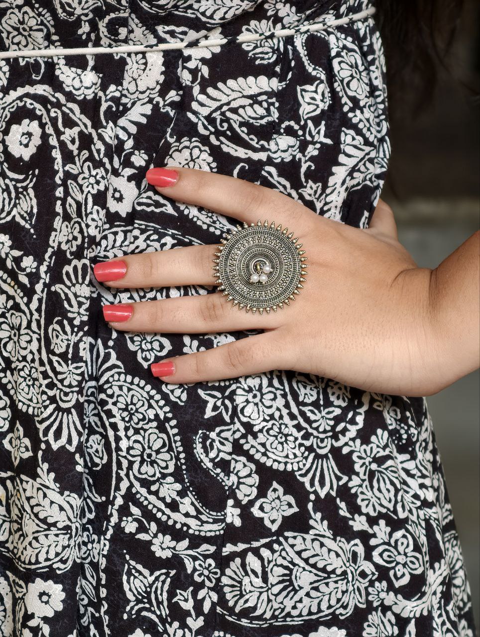 Ethnic Style Round Adjustable Oxidized Ring | Silver Replica Best Pearl Work Jewelry 2 Ethnic style round adjustable oxidized silver replica pearl ring