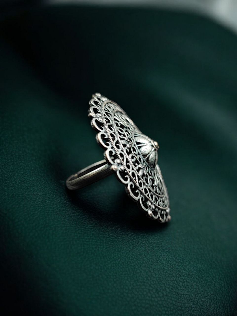 Traditional Floral Art Oxidized Ring | Adjustable Beautiful Silver Jewelry 3 Traditional floral art adjustable oxidized silver replica ring