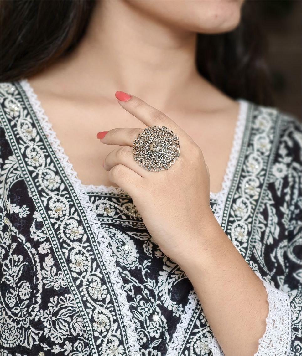 Traditional Floral Art Oxidized Ring | Adjustable Beautiful Silver Jewelry 1 Traditional floral art oxidized ring silver replica