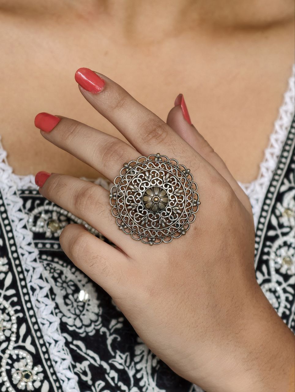 Traditional Floral Art Oxidized Ring | Adjustable Beautiful Silver Jewelry 5 Traditional floral art adjustable oxidized silver replica ring