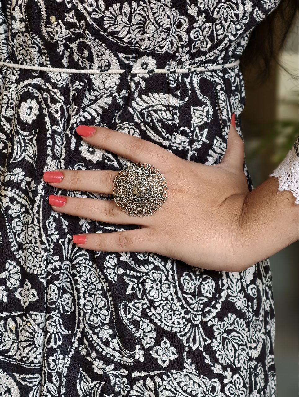 Traditional Floral Art Oxidized Ring | Adjustable Beautiful Silver Jewelry 4 Traditional floral art adjustable oxidized silver replica ring