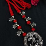 Traditional Flower Charm Religious Pendant Necklace | German Silver with Adjustable Thread Jewelry - "Red"