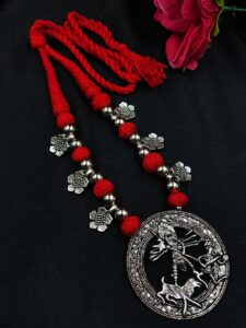 Traditional Flower Charm Religious Pendant Necklace | German Silver with Adjustable Thread Jewelry — "Red"