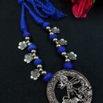 Traditional Flower Charm Religious Pendant Necklace | German Silver with Adjustable Thread Jewelry - "Blue"