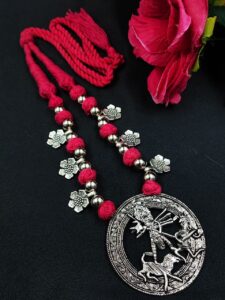 Traditional Flower Charm Religious Pendant Necklace | German Silver with Adjustable Thread Jewelry — "Pink"