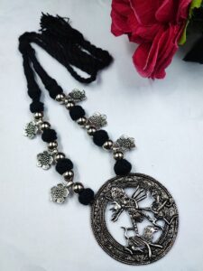 Traditional Flower Charm Religious Pendant Necklace | German Silver with Adjustable Thread Jewelry — "Black"
