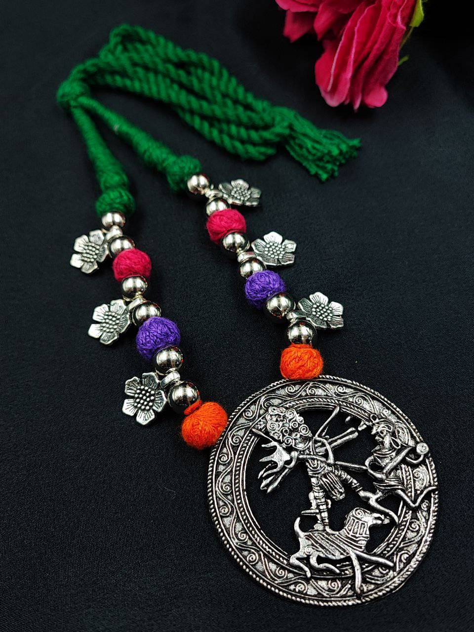 Traditional Flower Charm Religious Pendant Necklace | German Silver with Adjustable Thread Jewelry 4 Traditional flower charm religious pendant necklace in German silver