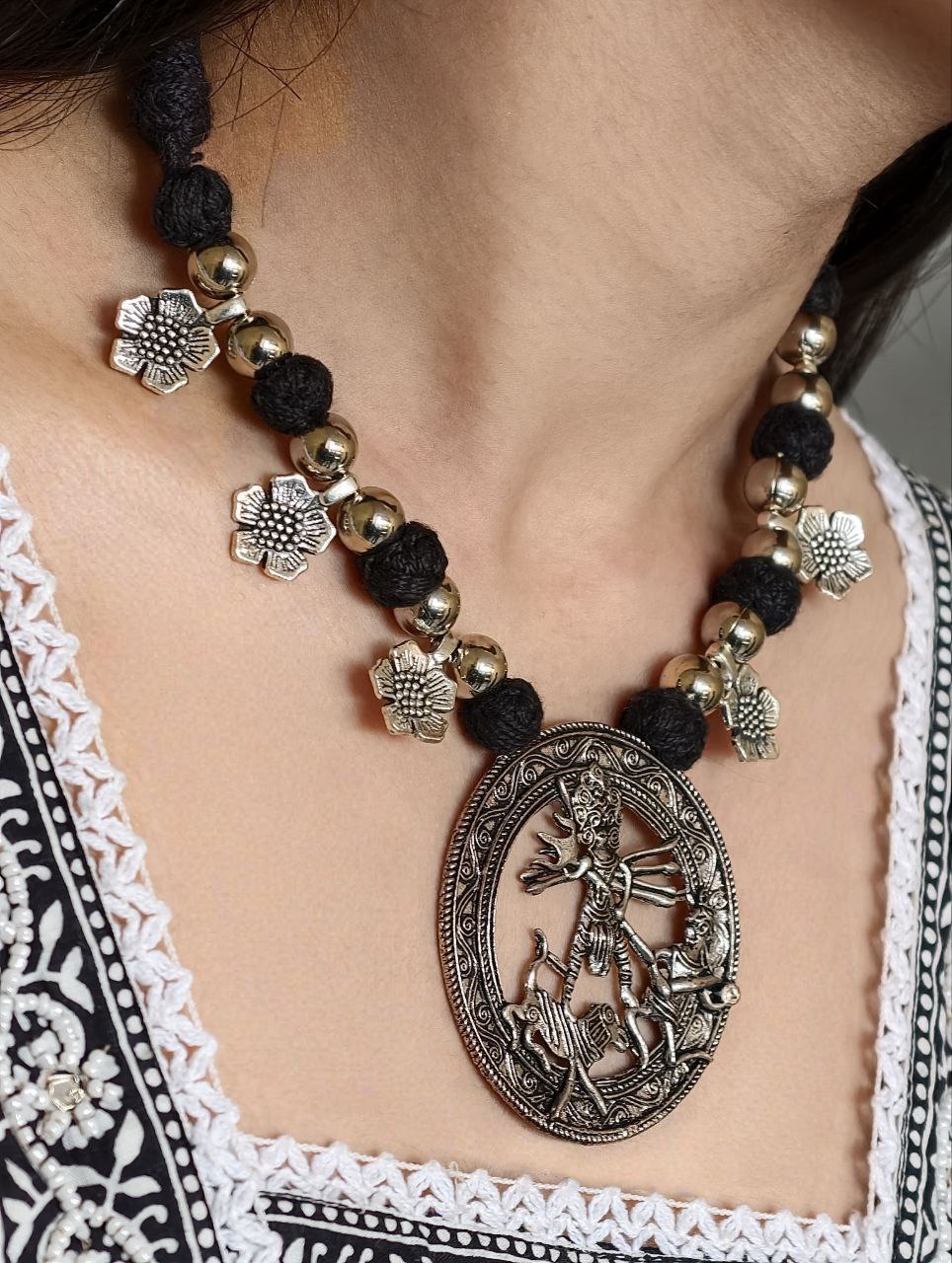 Traditional Flower Charm Religious Pendant Necklace | German Silver with Adjustable Thread Jewelry 3 Traditional flower charm religious pendant necklace in German silver