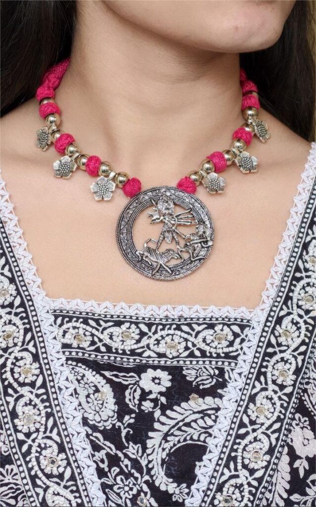 Traditional Flower Charm Religious Pendant Necklace | German Silver with Adjustable Thread Jewelry