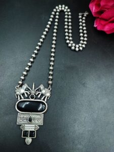 Elephant Design Silver Replica Necklace with Elegant Stone Work — "Black"