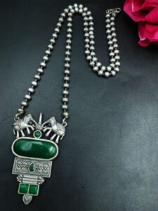 Elephant Design Silver Replica Necklace with Elegant Stone Work — "Green"