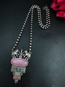 Elephant Design Silver Replica Necklace with Elegant Stone Work — "Baby Pink"