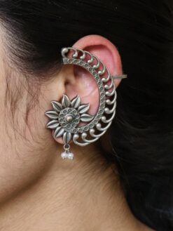 Silver replica flower design unique earcuff oxidized ethnic