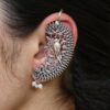 Oxidized parrot design earcuff flower art silver replica