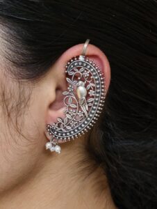 Oxidized Parrot Design Earcuff | Flower Art Silver Replica Unique Jewelry