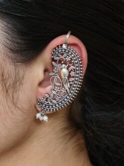 Oxidized parrot design earcuff flower art silver replica