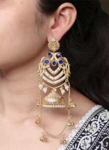 Premium Peacock Design Kashmiri Jhumka Earrings | Gold Plated Traditional Wear Beautiful Dangler Jewelry — "Blue"