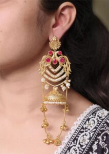 Premium Peacock Design Kashmiri Jhumka Earrings | Gold Plated Traditional Wear Beautiful Dangler Jewelry — "Red"