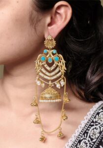 Premium Peacock Design Kashmiri Jhumka Earrings | Gold Plated Traditional Wear Beautiful Dangler Jewelry — "Aqua"