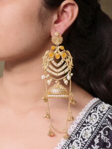 Premium Peacock Design Kashmiri Jhumka Earrings | Gold Plated Traditional Wear Beautiful Dangler Jewelry — "Yellow"