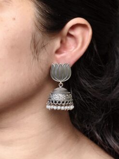 Handcrafted lotus design jhumki earrings with pearl work silver replica