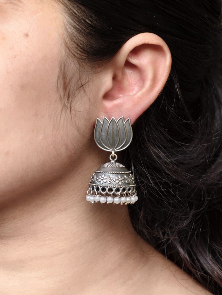 Handcrafted Lotus Design Jhumki Earrings | Pearl Work Silver Replica Amazing Jewelry