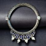 Traditional Silver Look alike Openable Bangle | Stone Pearl & Work Beautiful Kada - "Blue"