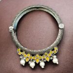 Traditional Silver Look alike Openable Bangle | Stone Pearl & Work Beautiful Kada - "Yellow"