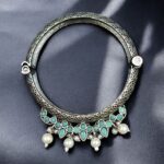 Traditional Silver Look alike Openable Bangle | Stone Pearl & Work Beautiful Kada - "Mint"