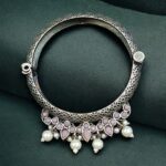 Traditional Silver Look alike Openable Bangle | Stone Pearl & Work Beautiful Kada - "Baby pink"