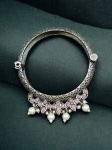 Traditional Silver Look alike Openable Bangle | Stone Pearl & Work Beautiful Kada — "Baby pink"