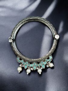 Traditional Silver Look alike Openable Bangle | Stone Pearl & Work Beautiful Kada — "Mint"