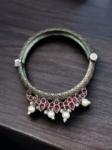 Traditional Silver Look alike Openable Bangle | Stone Pearl & Work Beautiful Kada — "Red"