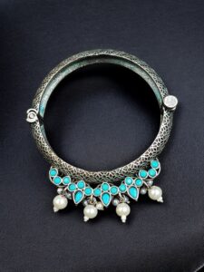 Traditional Silver Look alike Openable Bangle | Stone Pearl & Work Beautiful Kada — "Aqua"