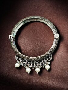 Traditional Silver Look alike Openable Bangle | Stone Pearl & Work Beautiful Kada — "Black"